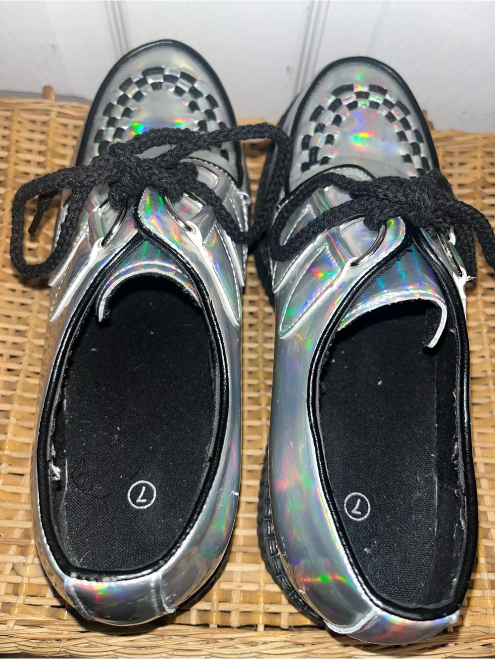 Holographic silver iridescent faux patent creepers